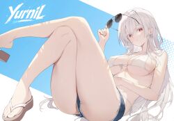 1girl absurdres ass bare_arms bare_legs bare_shoulders bikini blue_shorts breasts bright_pupils character_name chukibabo2 cleavage colored_eyelashes crossed_legs cutoffs denim denim_shorts front-tie_bikini_top front-tie_top highres large_breasts legs_up long_hair looking_at_viewer micro_shorts no_shirt original parted_lips reclining red_eyes sandals shorts side-tie_bikini_bottom solo string_bikini sunglasses swimsuit thighs very_long_hair white_bikini white_eyelashes white_hair yurnil
