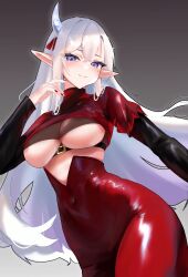 1girl absurdres black_sleeves bodysuit breasts closed_mouth clothing_cutout covered_navel gradient_background grey_background grey_hair hair_ribbon halo_sweety highres horns indie_virtual_youtuber large_breasts long_hair long_sleeves looking_at_viewer me_o_wy mole mole_under_eye pointy_ears purple_eyes red_bodysuit red_nails red_ribbon ribbon single_horn smile solo underboob underboob_cutout virtual_youtuber