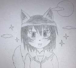 1girl animal_ears azumanga_daioh&#039;s_school_uniform azumanga_daiou full_moon furrification furry furry_female graphite_(medium) kagura_(azumanga_daioh) moon non-web_source open_mouth school_uniform short_hair sketch solo tail traditional_media werewolf wolf_ears wolf_girl wolf_tail