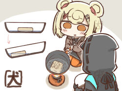 1girl 1other akanotanin13 ambiguous_gender animal_ears arknights bear_ears bear_girl black_coat blonde_hair bowl brown_jacket candy_hair_ornament chibi chopsticks coat cooking doctor_(arknights) food-themed_hair_ornament frying_pan gummy_(arknights) hair_ornament holding holding_bowl holding_frying_pan hood hood_up hooded_coat instant_ramen jacket long_sleeves open_clothes open_jacket orange_pantyhose pantyhose portable_stove red_eyes short_hair signature smile