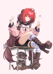 1girl absurdres ahoge black_choker black_sailor_collar boots bow braid brown_boots cable cardigan chair chinese_commentary choker commentary_request double_v full_body green_eyes grin hair_ornament heart high_heel_boots high_heels highres kama_(zenless_zone_zero) leg_up long_hair long_sleeves looking_at_viewer loose_thighhigh low_twin_braids pink_background pink_cardigan pleated_skirt raccoon red_hair sailor_collar school_chair simple_background sitting skirt smile solo sphere_hair_ornament striped_clothes striped_thighhighs thigh_strap thighhighs twin_braids ukinami_yuzuha v very_long_hair white_bow xiangyu_xiangyu zenless_zone_zero