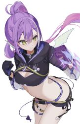 1girl absurdres alternate_color argule0901 ass belt black_gloves black_shorts black_shrug black_tube_top breasts butt_crack cleavage closed_mouth demon_tail gloves green_eyes high_ponytail highres hololive hood hood_down hooded_shrug long_hair long_sleeves melting_tail midriff multicolored_hair multiple_belts navel pink_hair ponytail purple_belt purple_hair short_shorts shorts shrug_(clothing) simple_background small_breasts smile solo strapless streaked_hair tail thigh_belt thigh_strap tokoyami_towa tokoyami_towa_(cyberpunk) tube_top virtual_youtuber white_background white_hair