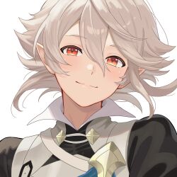 1boy absurdres armor blush closed_mouth fire_emblem fire_emblem_fates grey_hair hair_between_eyes highres looking_at_viewer male_corrin_(fire_emblem) male_focus n_54 nintendo pointy_ears red_eyes short_hair simple_background smile solo upper_body white_background white_hair