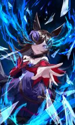 Rule 34 | 1girl, animal ears, blue flower, dress, flower, fur collar, glowing, glowing eyes, hair over one eye, hand on own chest, hat, hat flower, highres, horse ears, horse girl, inishie kumo, long hair, looking at viewer, off-shoulder dress, off shoulder, parted lips, purple dress, purple eyes, purple hat, reaching, reaching towards viewer, red sleeves, rice shower (umamusume), solo, umamusume