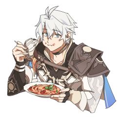 1boy antenna_hair armor black_choker black_gloves black_shirt blue_cape cape choker chu_asdf coat commentary_request crumbs eating fingerless_gloves food fork gloves holding holding_fork holding_plate honkai:_star_rail honkai_(series) korean_commentary male_focus parted_bangs pasta pauldrons phainon_(honkai:_star_rail) plate shirt short_hair shoulder_armor simple_background single_glove single_pauldron solo white_background white_coat white_hair