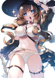 1girl :o bag bikini black_jacket blue_eyes breasts brown_hair commentary_request cowboy_shot flower granblue_fantasy hair_between_eyes hair_flower hair_ornament hat highres holding holding_unworn_clothes holding_unworn_hat jacket kogome_(azalea4) large_breasts looking_at_viewer low_twintails messy_hair navel raziel_(granblue_fantasy) raziel_(summer)_(granblue_fantasy) sarong shoulder_bag solo sparkle stomach sun_hat swimsuit thigh_strap twintails unworn_hat unworn_headwear white_bikini white_sarong