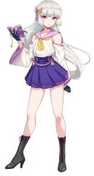 Rule 34 | 1girl, 40hara, black gloves, black shoes, book, detached sleeves, full body, gloves, grey hair, highres, holding, holding book, long hair, official art, onsen musume, open book, pleated skirt, purple sailor collar, purple skirt, sailor collar, shirt, shoes, simple background, skirt, solo, standing, tassel, transparent background, white shirt, white sleeves, yugawara iroha