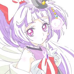 Rule 34 | 1girl, arched bangs, bow, cure magical, hair bow, hat, highres, izayoi liko, long hair, looking at viewer, magical girl, mahou girls precure!, mini hat, parted lips, pink eyes, precure, purple hair, red bow, simple background, solo, sugimoto miho, upper body, white background, witch hat