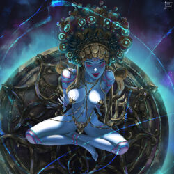 1girl barefoot blonde_hair blue_eyes blue_skin breasts colored_skin commentary english_commentary fantasy highres jewelry large_breasts long_hair looking_at_viewer navel open_mouth original red_lips smile solo tatti_art