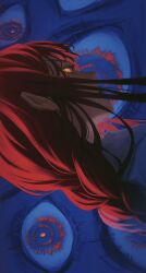 1girl blue_background braid chainsaw_man close-up glowing glowing_eyes highres horror_(theme) kantakerro long_hair looking_at_viewer looking_back makima_(chainsaw_man) multiple_eyes red_hair ringed_eyes single_braid solo too_many_eyes yellow_eyes