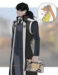 Rule 34 | 1boy, 1girl, ace attorney, athena cykes, black hair, black jacket, black necktie, black pants, blue bow, blurry, blurry background, bow, box, closed mouth, gumi (gelatin), hair bow, holding, holding box, jacket, long sleeves, male focus, necktie, orange hair, pants, puff of air, side ponytail, simon blackquill, speech bubble, sweatdrop, thought bubble, twitter username, yellow jacket