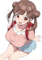 1girl absurdres backpack bag blush breasts brown_eyes brown_hair commentary_request double_bun from_above hair_bun highres idolmaster idolmaster_shiny_colors large_breasts looking_at_viewer miniskirt open_mouth pink_shirt pleated_skirt randoseru shirt simple_background skirt solo sonoda_chiyoko thighs twintails white_background zaza_(zahaoming)