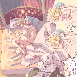 Rule 34 | 3girls, anisphia wynn palettia, anjuro zeeku, apron, bed, black dress, blonde hair, blue eyes, blue hair, blush, breasts, canopy bed, clock, closed eyes, closed mouth, commentary, completely nude, cuddling, dress, embarrassed, euphyllia magenta, highres, ilia coral, leg lock, long hair, maid, maid apron, medium breasts, multiple girls, nipples, nude, on bed, pillow, red hair, short hair, sleeping, spoken sun, squiggle, tensei oujo to tensai reijou no mahou kakumei, under covers, white apron, yuri