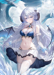 1girl ahoge armlet bandaged_arm bandages bare_shoulders black_horns blue_eyes blue_gemstone breasts chest_sarashi cleavage closed_mouth cloud day dragon dragon_horns dragon_ornament dragon_wings eyeliner flower gem gloves gold gold_trim hair_between_eyes hair_flower hair_ornament highleg highleg_panties highres horns ice icicle jewelry large_breasts lens_flare long_hair looking_at_viewer makeup midriff miniskirt navel original panties panty_straps pleated_skirt red_eyeliner revealing_clothes sarashi skindentation skirt sky smile solo standing stomach sunlight thighhighs thighs underwear water_drop white_gloves white_hair white_skirt white_thighhighs wings wrist_flower yizhibao zettai_ryouiki