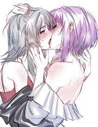 2girls absurdres bang_dream! bang_dream!_it&#039;s_mygo!!!!! bare_shoulders black_jacket blue_eyes camisole commentary french_kiss grabbing_another&#039;s_hair hashtag-only_commentary hero45439083942 highres jacket kiss multiple_girls off_shoulder purple_hair red_camisole red_eyes short_hair sidelocks simple_background spaghetti_strap white_background yahata_umiri yuri yuutenji_nyamu