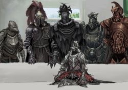 armor banished_knight belt bloodhound_knight breastplate character_request commentary_request couch crucible_knight elden_ring facing_another facing_viewer fromsoftware full_armor gauntlets gelmir_knight helm helmet highres horns indoors knight meme multiple_boys night&#039;s_cavalry pauldrons piper_perri_surrounded_(meme) shoulder_armor sitting standing tarnished_(elden_ring) tworain_w