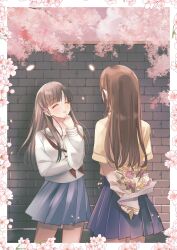 2girls ^_^ absurdres arms_behind_back black_hair blush bouquet brick_wall brown_hair cherry_blossoms closed_eyes falling_petals flower highres holding holding_bouquet idolmaster idolmaster_cinderella_girls kevn kobayakawa_sae long_sleeves mizumoto_yukari multiple_girls neckerchief petals pleated_skirt red_neckerchief school_uniform serafuku skirt smile yuri