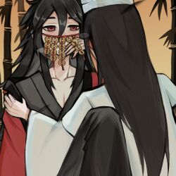 Rule 34 | 2boys, bamboo, black hair, black hanfu, blush, chinese clothes, chinese commentary, clothes grab, coat, coin, coin mask, collarbone, covered mouth, dao gui yi xian, hair between eyes, hand on own face, hand up, hanfu, hat, holed coin, implied sex, jin (headwear), jingzizi052, li huowang, long hair, long sleeves, looking at another, male focus, mask, mask lift, mouth veil, multiple boys, pectoral cleavage, pectorals, red coat, red eyes, robe, sidelocks, spread legs, undressing another, upper body, veil, white hanfu, white hat, wide sleeves, yaoi, zhouzi jin (headwear), zhuge yuan