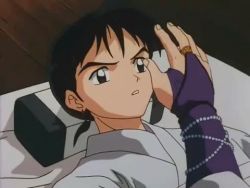 2boys 2girls animated animated_gif ass ass_grab blush dress green_dress higurashi_kagome inuyasha lowres lying miroku monk multiple_boys multiple_girls pervert sango_(inuyasha) surprised tail