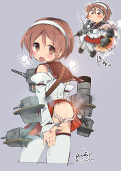 Rule 34 | 1girl, ass, brown eyes, brown hair, brown sailor collar, dated, detached collar, explosion, from behind, fujii rino, hairband, highres, kantai collection, machinery, multiple views, natori (kancolle), panties, sailor collar, sailor shirt, school uniform, serafuku, shirt, short hair, signature, sleeveless, sleeveless shirt, thighhighs, torn clothes, underwear, white hairband, white shirt, white thighhighs