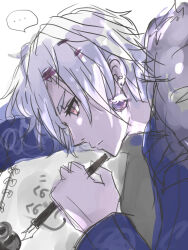 ... 1boy :| absurdres blue_coat closed_mouth coat david_hockney drawing_on_another&#039;s_face earrings fur_trim hair_ornament hairclip highres holding holding_pen ink inkwell jewelry multicolored_eyes notebook original paper pen sketch solo speech_bubble spyairi tower_of_god two-tone_eyes white_hair