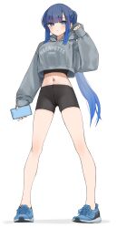 1girl absurdres bike_shorts black_shorts black_undershirt blue_eyes blue_hair blue_shoes blush breasts closed_mouth commentary_request cropped_hoodie full_body grey_hoodie highres hood hood_down hoodie kopaka_(karda_nui) large_breasts legs_apart long_hair long_sleeves looking_at_viewer midriff navel no_socks original puffy_long_sleeves puffy_sleeves shoes short_shorts shorts simple_background sneakers solo standing stomach thighs white_background