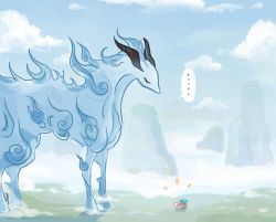 ... animal_ears animal_focus animalization basket blue_sky cloud cloudy_sky closed_eyes floating_rock fox fox_ears fox_tail ganyu_(genshin_impact) ganyu_(qilin)_(genshin_impact) genshin_impact highres mountain mountainous_horizon mythology no_humans outdoors qilin_(mythology) sky speech_bubble tail xinzoruo yae_miko yae_miko_(fox)