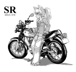 1girl animal_ears bad_id bad_pixiv_id dark-skinned_female dark_skin dog_ears dog_tail enticer extra_ears female_focus greyscale liru monochrome motor_vehicle motorcycle ponytail renkin_san-kyuu_magical_pokaan solo tail thighhighs tokka vehicle wolf_ears yamaha