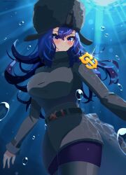 1girl anchor_necklace black_boots black_hair black_skirt black_sweater blue_eyes blue_hair blue_pantyhose blush boots bubble cetacean_tail cowboy_shot fins fish_tail gradient_hair hat head_fins highres japari_symbol jewelry kemono_friends kemono_friends_3 long_sleeves looking_at_viewer multicolored_hair necklace nijiiro_(graynbow_wolf) pantyhose pencil_skirt skirt solo sperm_whale_(kemono_friends) sweater tail thigh_boots turtleneck turtleneck_sweater underwater ushanka whale_girl