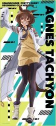 1girl absurdres agnes_tachyon_(umamusume) ahoge animal_ears black_necktie black_pantyhose boots brown_hair coat collared_shirt dot_nose english_text female_focus full_body hair_ornament highres horse_ears horse_girl horse_tail jacket long_sleeves looking_at_viewer necktie official_art panties pantyhose pantyshot red_eyes scan shirt shirt_under_sweater shirt_under_vest shoes short_hair sleeves_past_fingers sleeves_past_wrists smile solo solo_focus sweater sweater_vest tail teeth test_tube tube umamusume umamusume:_beginning_of_a_new_era underwear vest white_boots white_coat white_jacket white_shoes wide_sleeves yellow_sweater yellow_sweater_vest yellow_vest zipper zipper_pull_tab