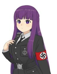1girl armband black_cat03 black_jacket black_necktie blunt_bangs collar_tabs cross highres iron_cross jacket long_hair military_dress_uniform military_jacket military_uniform nazi necktie purple_eyes purple_hair red_armband simple_background solo ss_uniform swastika waffen-ss white_background