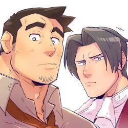 2boys absurdres ace_attorney adam&#039;s_apple ascot black_hair bright_pupils collared_shirt curtained_hair dick_gumshoe facial_hair goatee_stubble grey_hair highres looking_at_viewer male_focus miles_edgeworth multiple_boys necktie shirt short_hair sideburns_stubble simple_background stubble white_ascot white_background white_pupils yowasabimechaoc