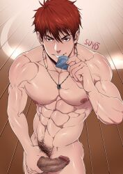 1boy abs artist_name bad_link collarbone completely_nude condom condom_wrapper cowboy_shot grin hair_between_eyes hand_on_own_penis highres holding holding_condom jewelry kagami_taiga kuroko_no_basuke looking_at_viewer male_focus male_pubic_hair muscular muscular_male navel necklace nipples nude pectorals pubic_hair red_eyes red_hair smile solo suyohara teeth