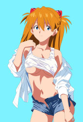 1girl aqua_background blue_eyes breasts cleavage clothes_lift covered_erect_nipples highres jaaaan large_breasts legs_apart long_hair micro_shorts midriff navel neon_genesis_evangelion no_bra no_panties open_clothes open_shorts orange_hair shiny_skin shirt_lift short_shorts shorts simple_background solo souryuu_asuka_langley standing stomach striped_clothes tank_top thighs unbuttoned underboob unzipped