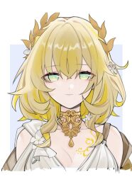 1girl absurdres aglaea_(honkai:_star_rail) blonde_hair breast_tattoo breasts cleavage commentary cropped_torso dress error1980 gold_tattoo green_eyes highres honkai:_star_rail honkai_(series) large_breasts laurel_crown short_hair simple_background tattoo white_background white_dress