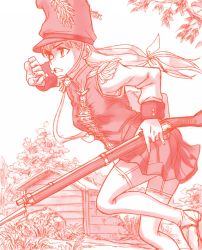 1girl absurdres antique_firearm bayonet boots bush epaulettes female_focus firearm firelock foliage gun hat highres holding holding_gun holding_weapon kageng long_hair military military_hat military_uniform musket original outdoors plant powder running shack soldier solo thigh_boots thighhighs tree weapon