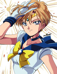 Rule 34 | arms up, artist name, bishoujo senshi sailor moon, earrings, highres, jewelry, looking at viewer, sailor uranus, ten&#039;ou haruka, white background