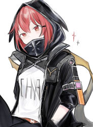 1girl absurdres arknights black_jacket blush closed_mouth clothes_writing crownslayer_(arknights) hair_ornament hairclip highres hood hood_up hooded_jacket jacket looking_at_viewer mochi_(mmm1x) open_clothes open_jacket red_eyes red_hair shirt short_hair simple_background solo sparkle white_background white_shirt