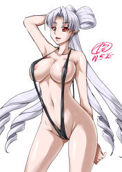 1girl akagi_towa areola_slip breasts covered_erect_nipples go!_princess_precure highres large_breasts looking_at_viewer open_mouth precure red_eyes simple_background slingshot_swimsuit smile solo swimsuit tamo_(nama-yatsuhashi) twilight_(go!_princess_precure) white_background white_hair