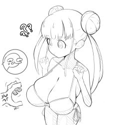 1boy 1girl ? bikini blue_archive bow breasts cleavage clenched_hands closed_mouth disembodied_hand double_bun greyscale hair_bun hands_up huge_breasts kisaki_(blue_archive) large_breasts looking_at_another mad_mex monochrome out_of_frame ribbon sketch skindentation spoken_character swimsuit twintails