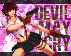 Rule 34 | 1girl, aono (janus01), black hair, brown gloves, copyright name, devil may cry, devil may cry (series), devil may cry 3, gloves, gun, handgun, heterochromia, holding, holding gun, holding weapon, holster, jewelry, lady (devil may cry), midriff, navel, necklace, scar, scar on face, scar on leg, scar on nose, shirt, thigh holster, thigh strap, weapon, white shirt