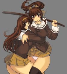 2girls bokken breast_press breasts brown_hair female_focus glasses hug large_breasts mil_(xration) mitsurugi_ryouko multiple_girls panties pantyshot ponytail real_bout_high_school school_uniform serafuku sword thighhighs underwear weapon wooden_sword yuuki_hitomi