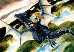1boy 1girl acrylic_paint_(medium) bartz_klauser blonde_hair boco closed_mouth dress final_fantasy final_fantasy_v hiryuu_(ff5) hiryuu_(final_fantasy_v) krile_mayer_baldesion_(ff5) long_hair looking_at_viewer millipen_(medium) painting_(medium) pen_(medium) ponytail skirt smile tetuankyo thighhighs traditional_media watercolor_(medium)