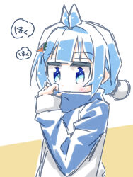 Rule 34 | 1girl, arm up, asano yagura, blue eyes, blue hair, blush, carrot hair ornament, dot nose, food-themed hair ornament, hair ornament, highres, itsumo hokuto, medium hair, scarf, shakunetsu no takkyuu musume, solo, standing, topknot