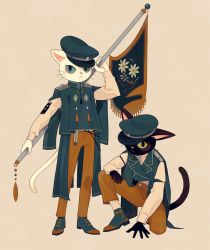 Rule 34 | 2others, :&lt;, arm up, banner, beige background, black cat, blue eyes, cat, closed mouth, clothing request, commentary request, floral print, full body, furry, green eyes, green footwear, green headwear, hand on ground, hand on own knee, hat, holding, ikkaf sk, long sleeves, looking at viewer, multiple others, one eye covered, original, pants, peaked cap, shirt, simple background, slit pupils, standing, tareme, tassel, tsurime, white cat, white shirt, yellow pants