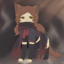 animal animal_focus animalization black_scarf black_shirt black_skirt brown_eyes brown_hair cat clothed_animal dark_sailor full_body hutaba idol_heroes_(idolmaster) idolmaster idolmaster_million_live! kitazawa_shiho long_hair looking_at_viewer neckerchief no_humans pleated_skirt red_neckerchief scarf shirt skirt solo standing torn_clothes torn_scarf