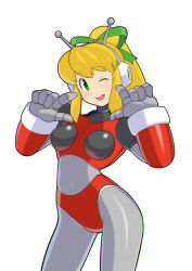 antennae armor armored_gloves arms_up bikini_armor blonde_hair blue_eyes bodysuit breasts covered_navel cowboy_shot green_ribbon hair_ribbon hairband hands_up headphones hyper_roll_(marvel_vs._capcom) joints large_breasts long_hair looking_at_viewer marvel_vs._capcom mechanical_arms mechanical_legs mega_man_(classic) mega_man_(series) miburo2020 navel one_eye_closed pointing pointing_at_self ponytail radio_antenna red_armor ribbon robot robot_girl robot_joints roll_(mega_man) shoulder_armor sidelocks simple_background smile teeth upper_teeth_only white_background