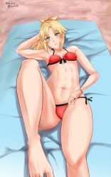 1girl abs arm_behind_head beach_towel blonde_hair blush breasts dated fate/apocrypha fate/grand_order fate_(series) feet female_focus front-tie_top green_eyes long_toes lying midriff mordred_(fate) mordred_(fate/apocrypha) mutou_ham navel on_back ponytail side-tie_bottom small_breasts solo thighs toes tommukai towel