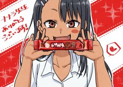 1girl 774_(nanashi) :d blush_stickers collared_shirt commentary_request earrings fang food heart highres holding holding_food ijiranaide_nagatoro-san jewelry long_hair long_sleeves looking_at_viewer nagatoro_hayase nail_polish official_art open_mouth orange_nails school_uniform shirt single_earring skin_fang smile solo tan upper_body white_shirt