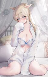 1girl absurdres animal_ears averting_eyes barefoot bed blonde_hair blue_eyes blush bra breasts canopy_bed cat_ears cleavage closed_mouth eyebrows_hidden_by_hair facial_mark final_fantasy final_fantasy_xiv frilled_bra frills highres kurosawa_itsuki large_breasts light_particles looking_down medium_breasts midriff miqo&#039;te on_bed oversized_clothes oversized_shirt partially_unbuttoned pillow ponytail shirt sitting sleeves_past_wrists solo underwear wariza warrior_of_light_(ff14)